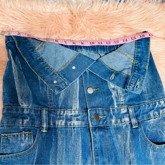 Button Up Strapless Pockets Straight Leg Denim Jumpsuit-Blue Sz M - Picture 5 of 11